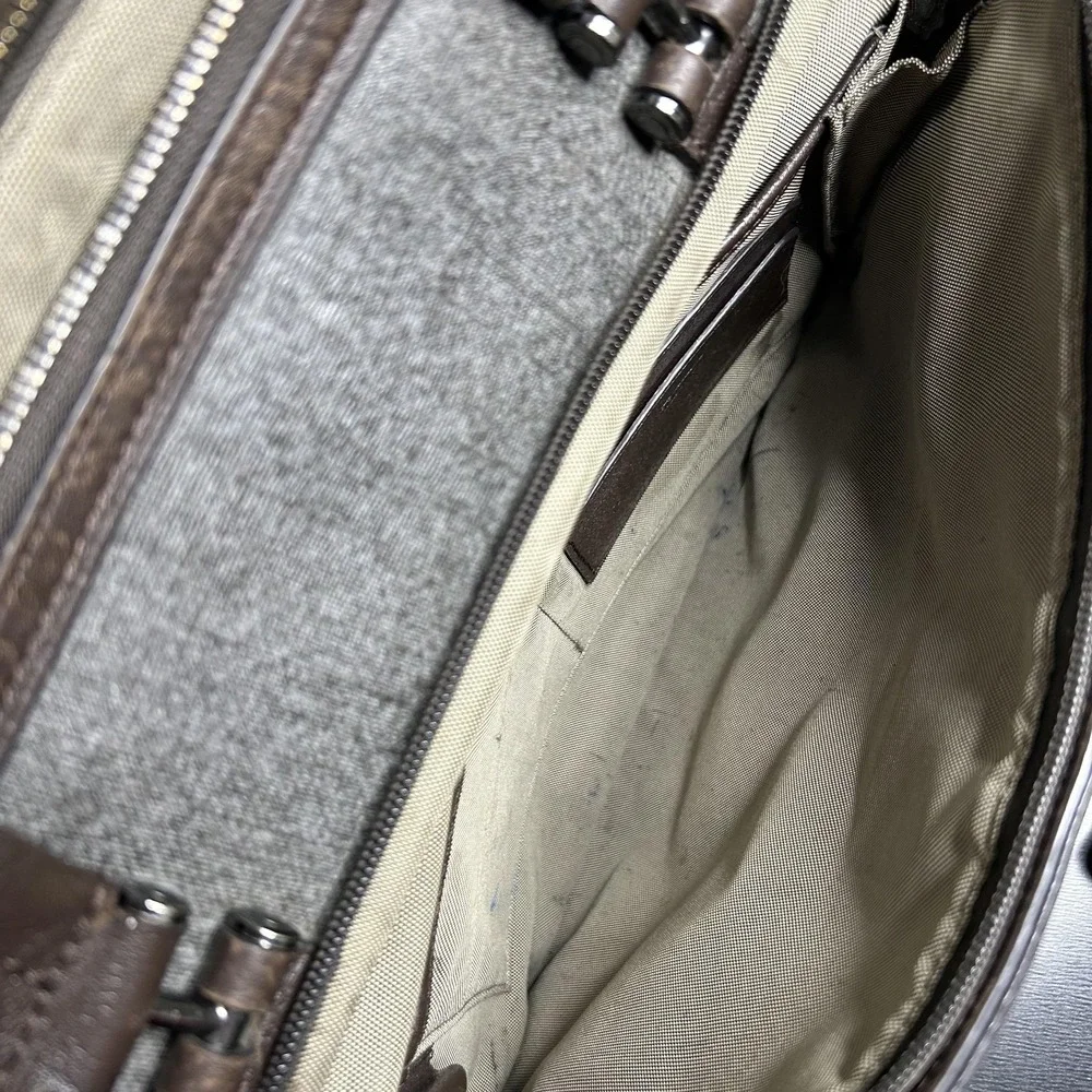 TUMI Gray Brown Leather Trim Laptop Briefcase Messenger Business Travel Bag